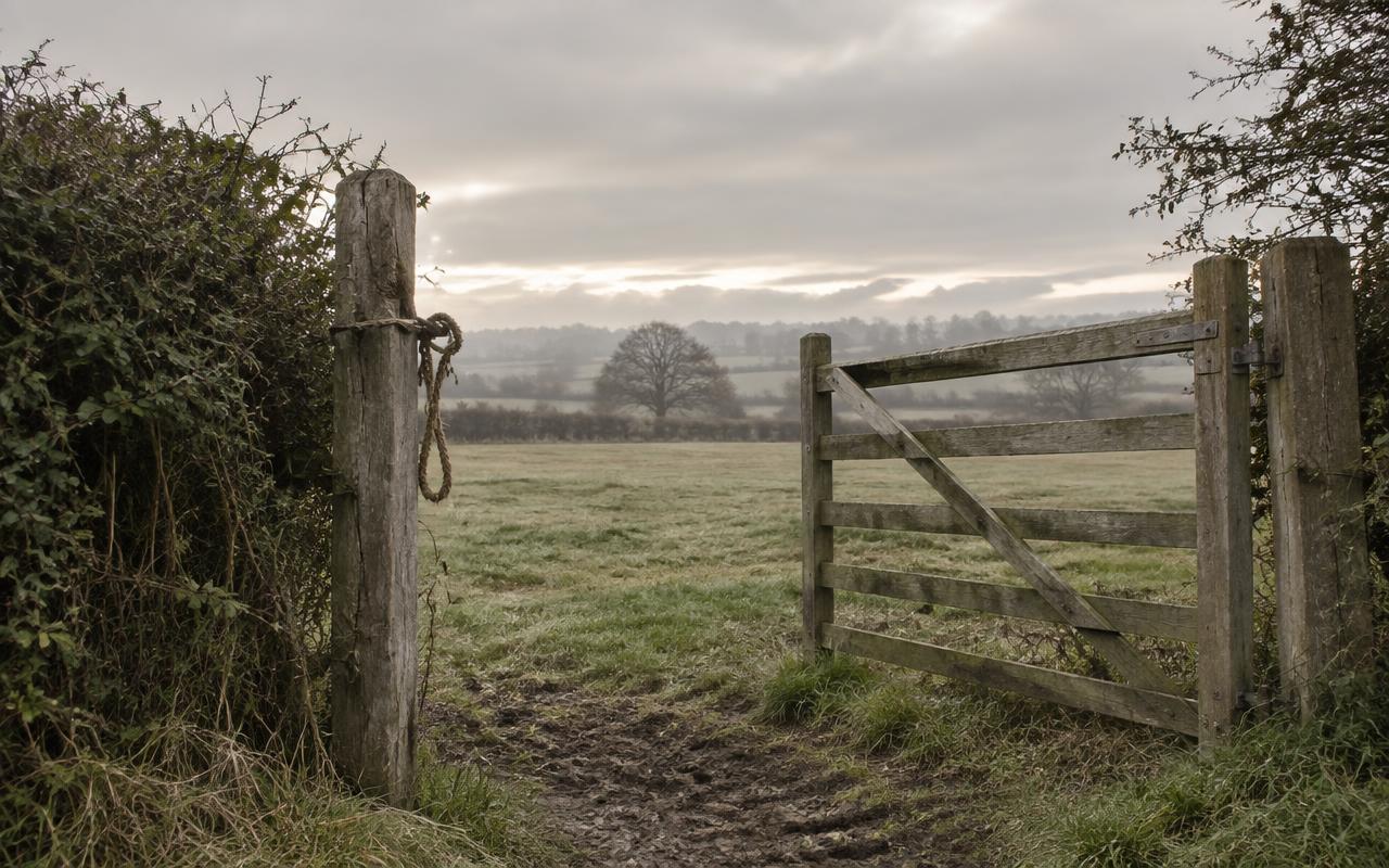 An open wooden farm gate onto a field on a misty morning
