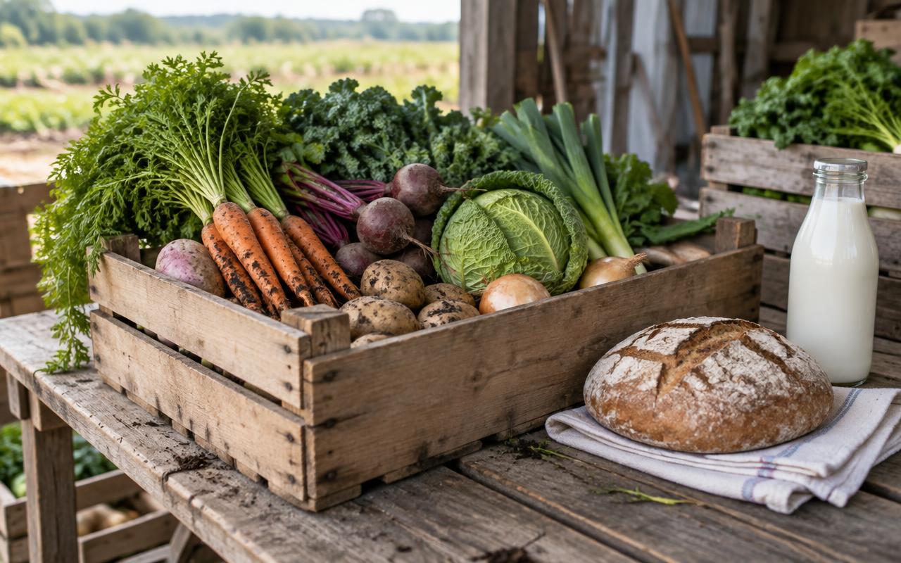 An open produce crate of mixed vegetables and bread